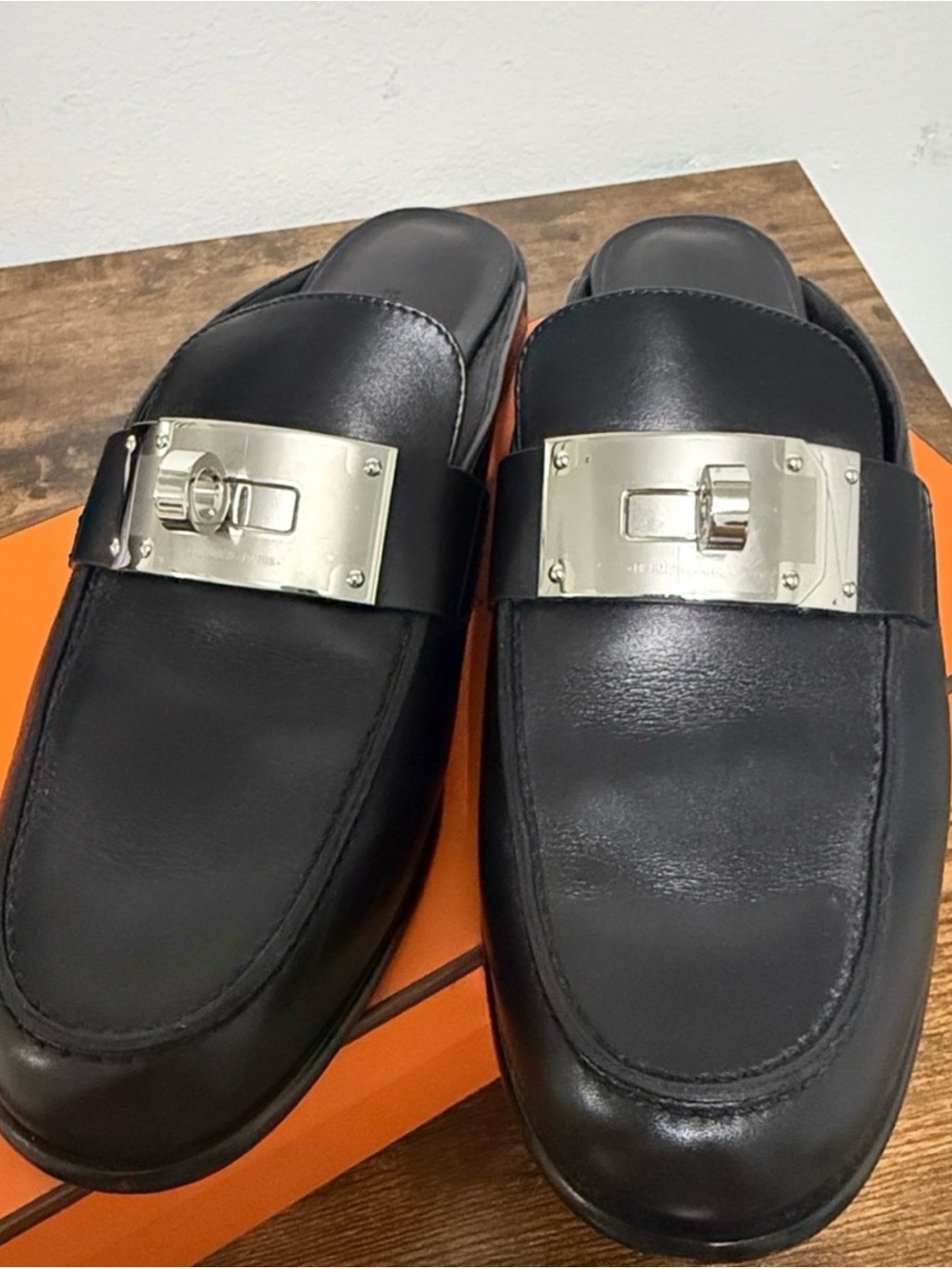 Hermes Black Leather Womens Slide Loafers with Silver Buckle